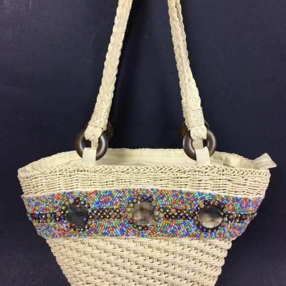 Cappelli Straworld Straw Tote Handbag With Beaded Design & Shell Accents - Picture 1 of 10
